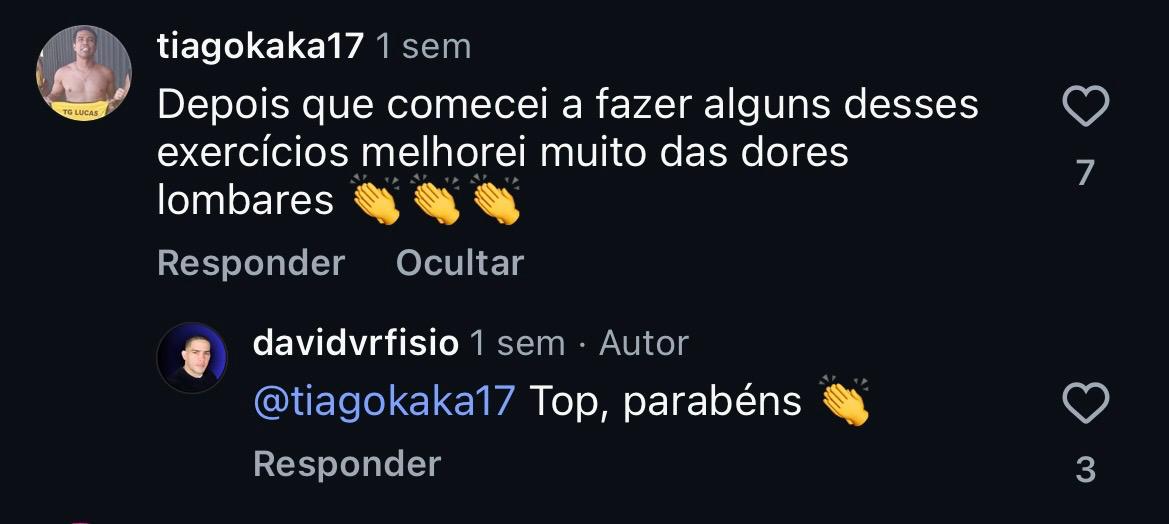 Comentário relatando melhora das dores lombares