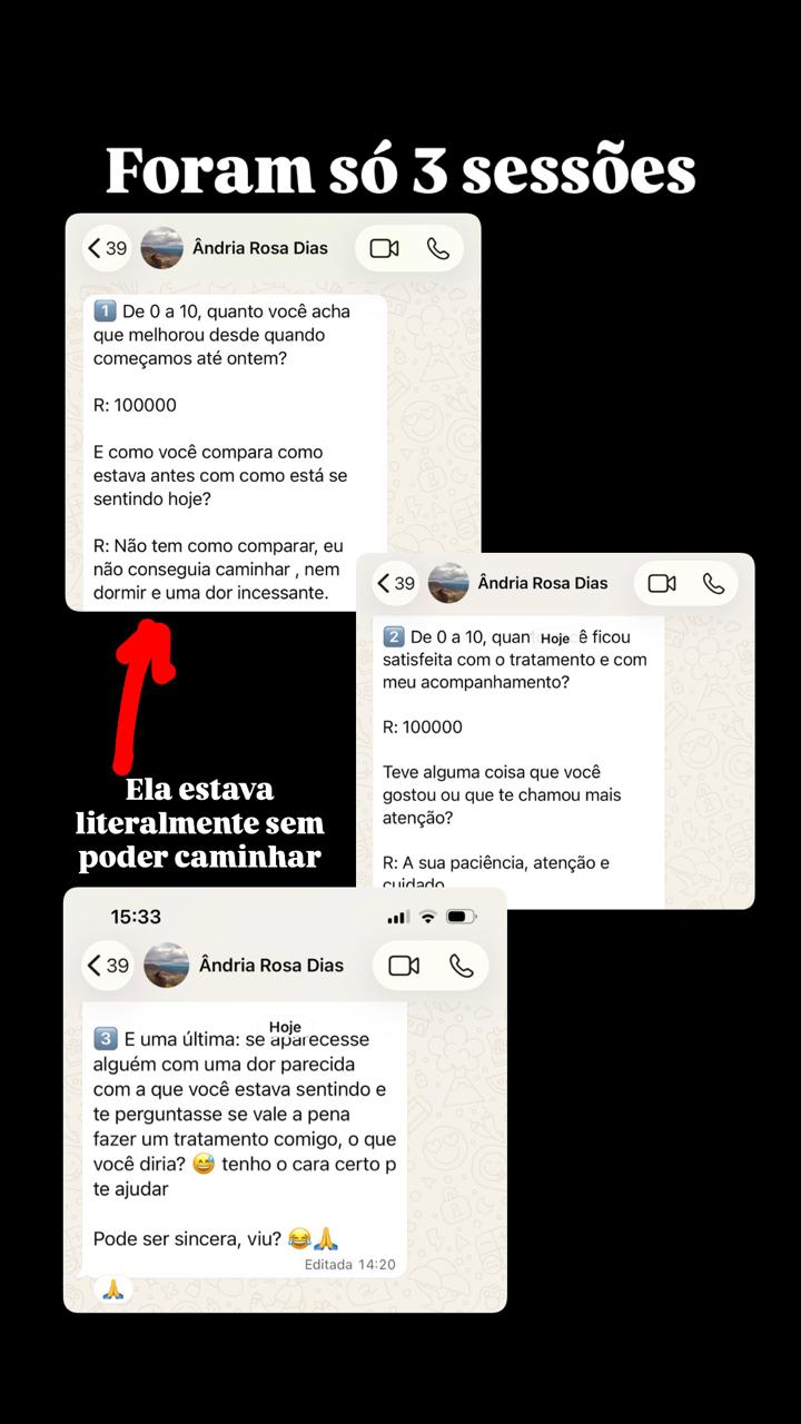 Relato de Ândria após três sessões de atendimento individual com David Vazquez: antes não conseguia caminhar nem dormir e hoje relata melhora significativa