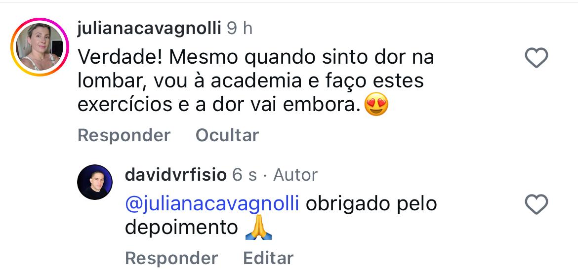 Comentário relatando melhora para treinar na academia