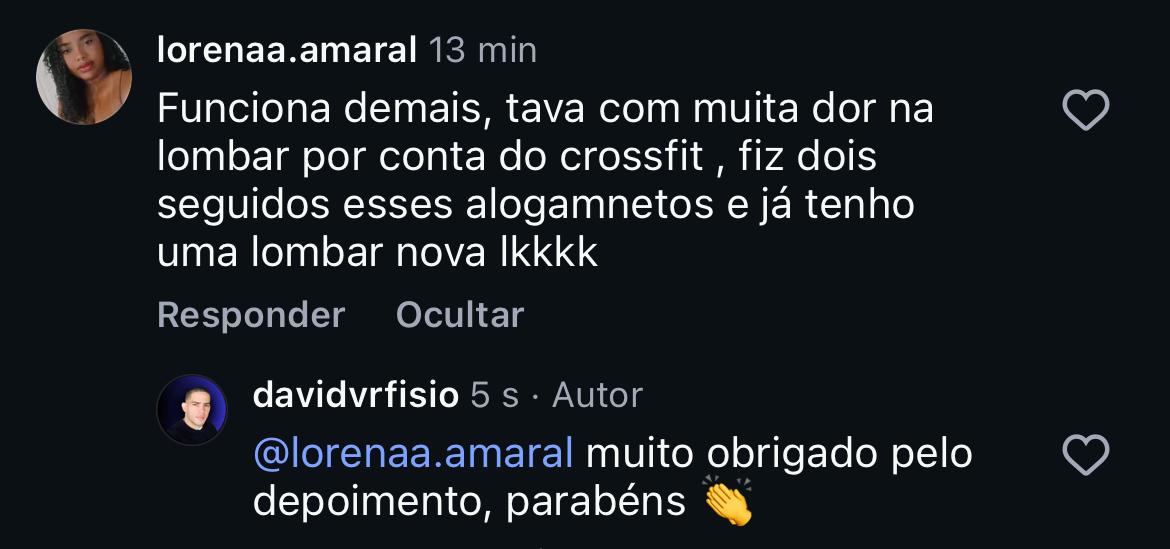Comentário relatando melhora da lombar após os alongamentos