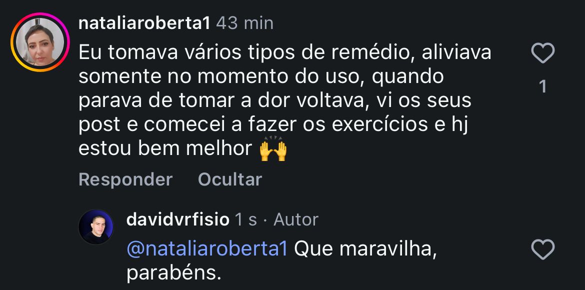 Mensagem de Natália Roberta sobre melhora da dor com os exercícios