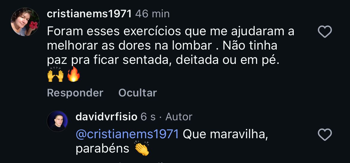 Mensagem sobre melhora das dores na lombar