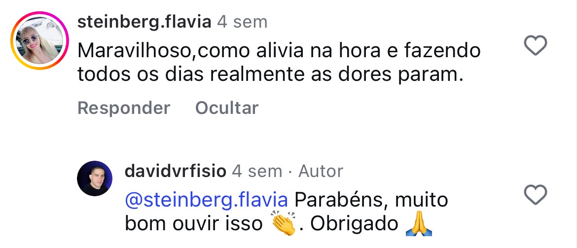 Comentário sobre a redução das dores com a prática diária